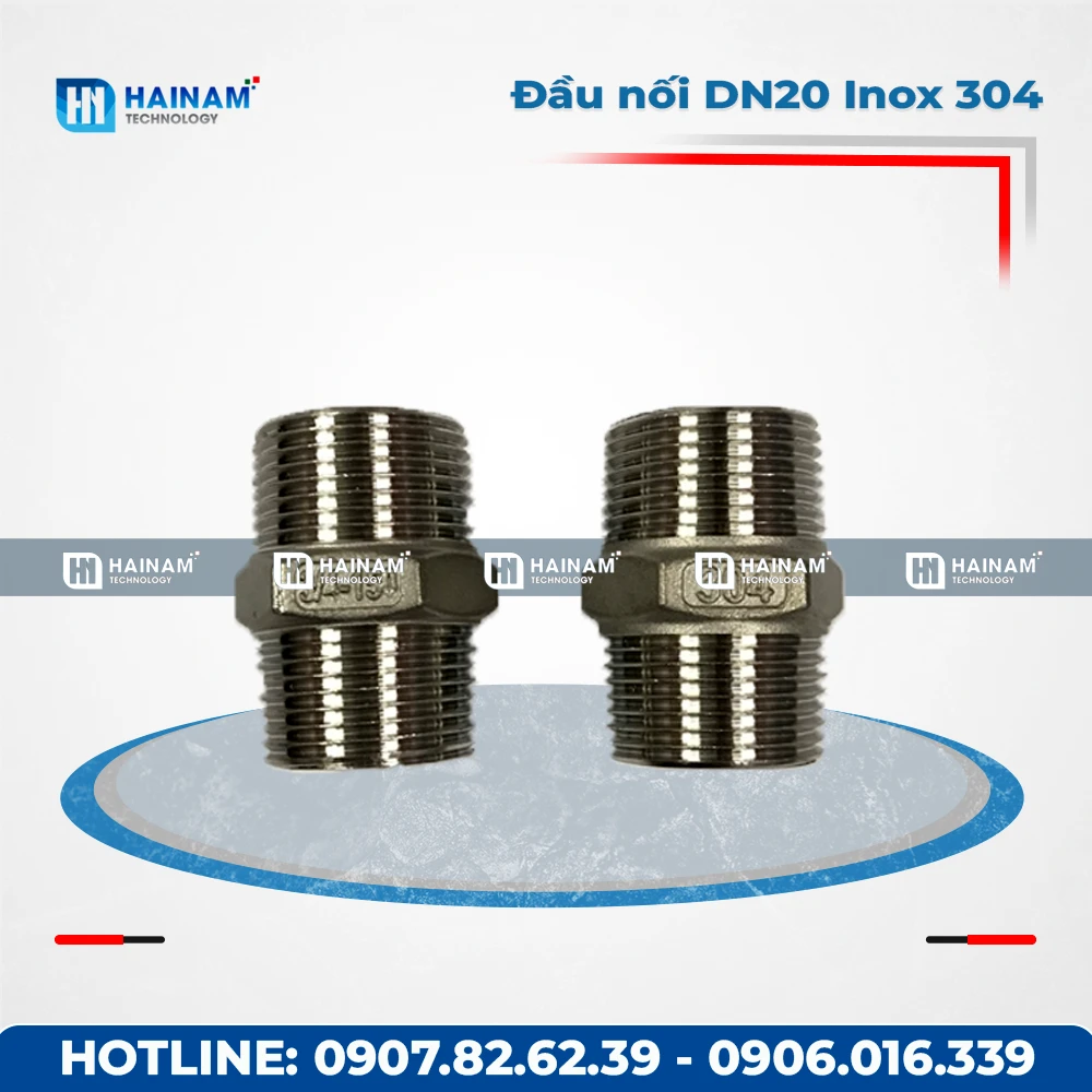 Đầu nối lục giác DN20 Inox 304 2 đầu ren ngoài