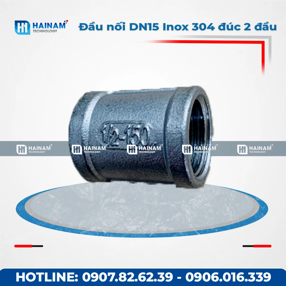Đầu nối DN15 Inox 304 dạng đúc 2 đầu ren trong