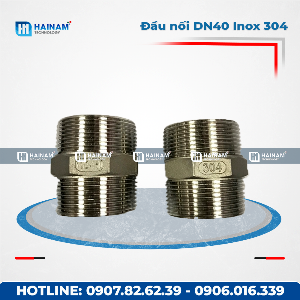 Đầu nối lục giác DN40 Inox 304 2 đầu ren ngoài