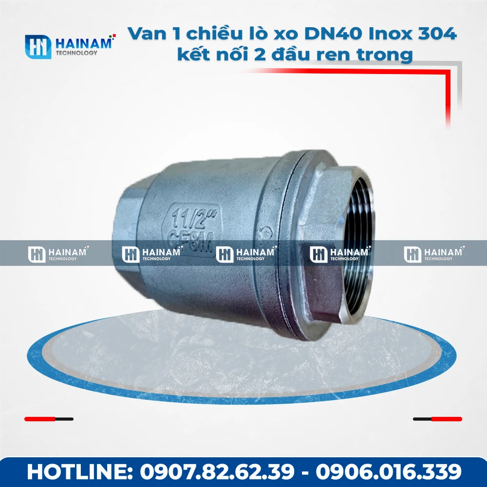 Van 1 chiều lò xo DN40 Inox 304 kết nối 2 đầu ren trong