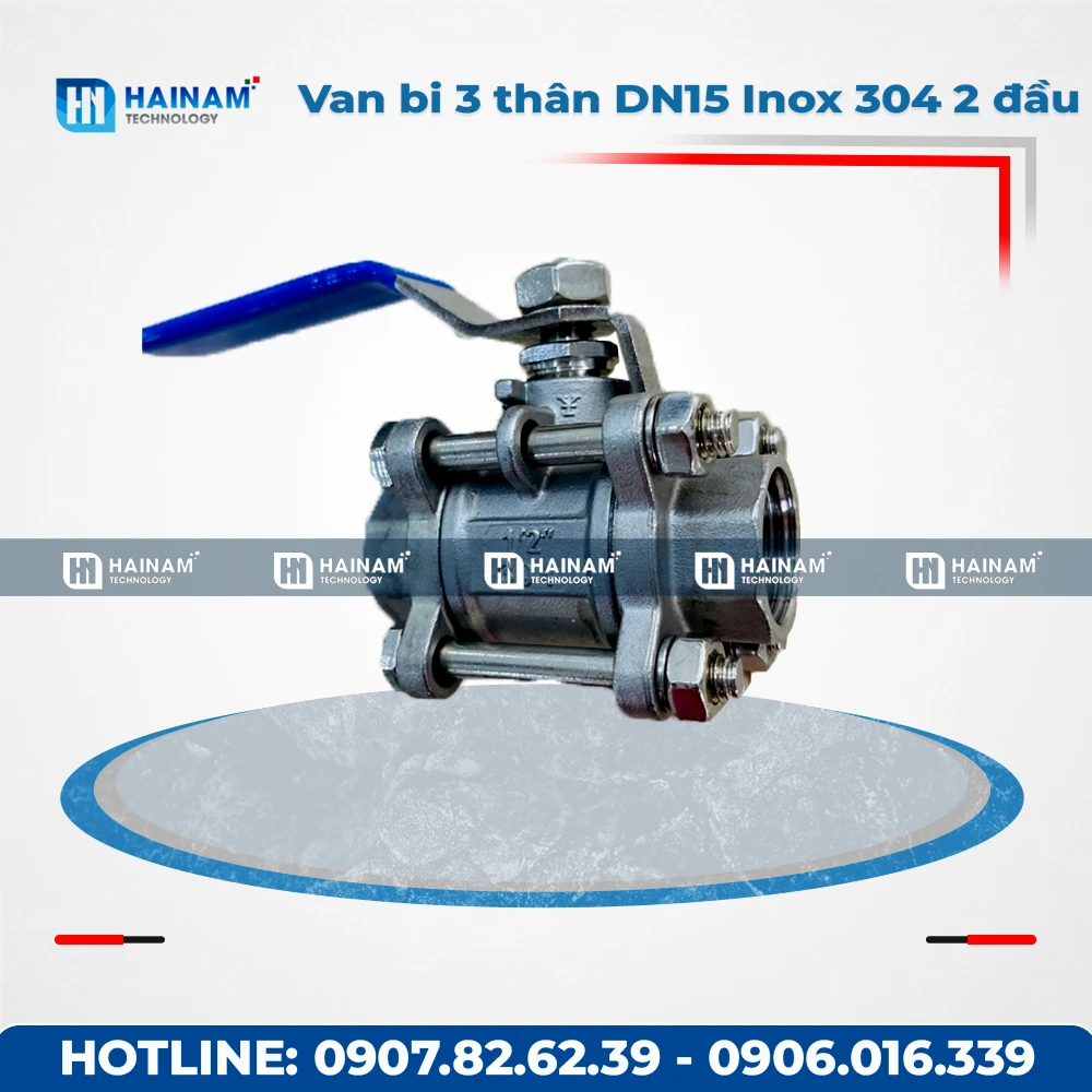 Van bi 3 thân DN15 Inox 304 kết nối 2 đầu ren trong