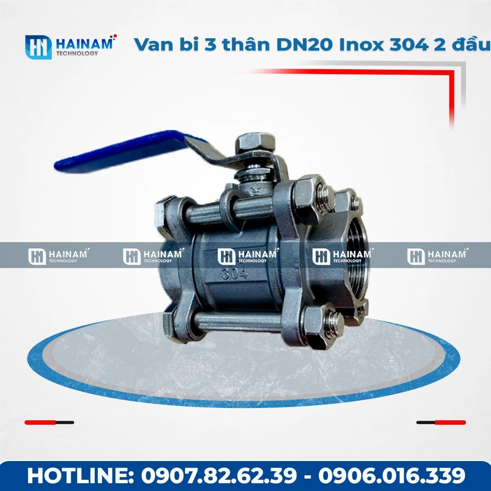 Van bi 3 thân DN20 Inox 304 kết nối 2 đầu ren trong