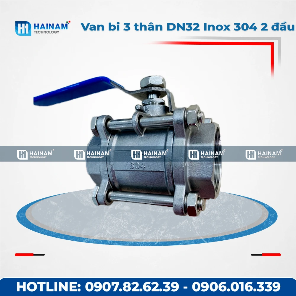 Van bi 3 thân DN32 Inox 304 kết nối 2 đầu ren trong