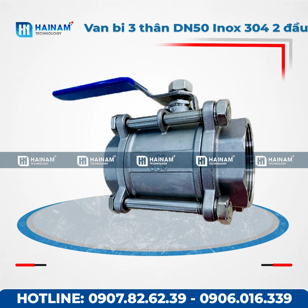Van bi 3 thân DN50 Inox 304 kết nối 2 đầu ren trong