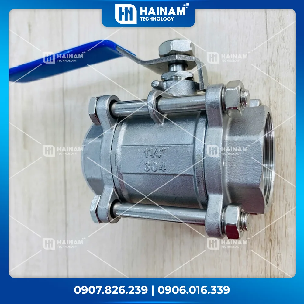 Van Bi Công Nghiệp 3 Thân DN32 Inox 304 Kết Nối 2 Đầu Ren Trong