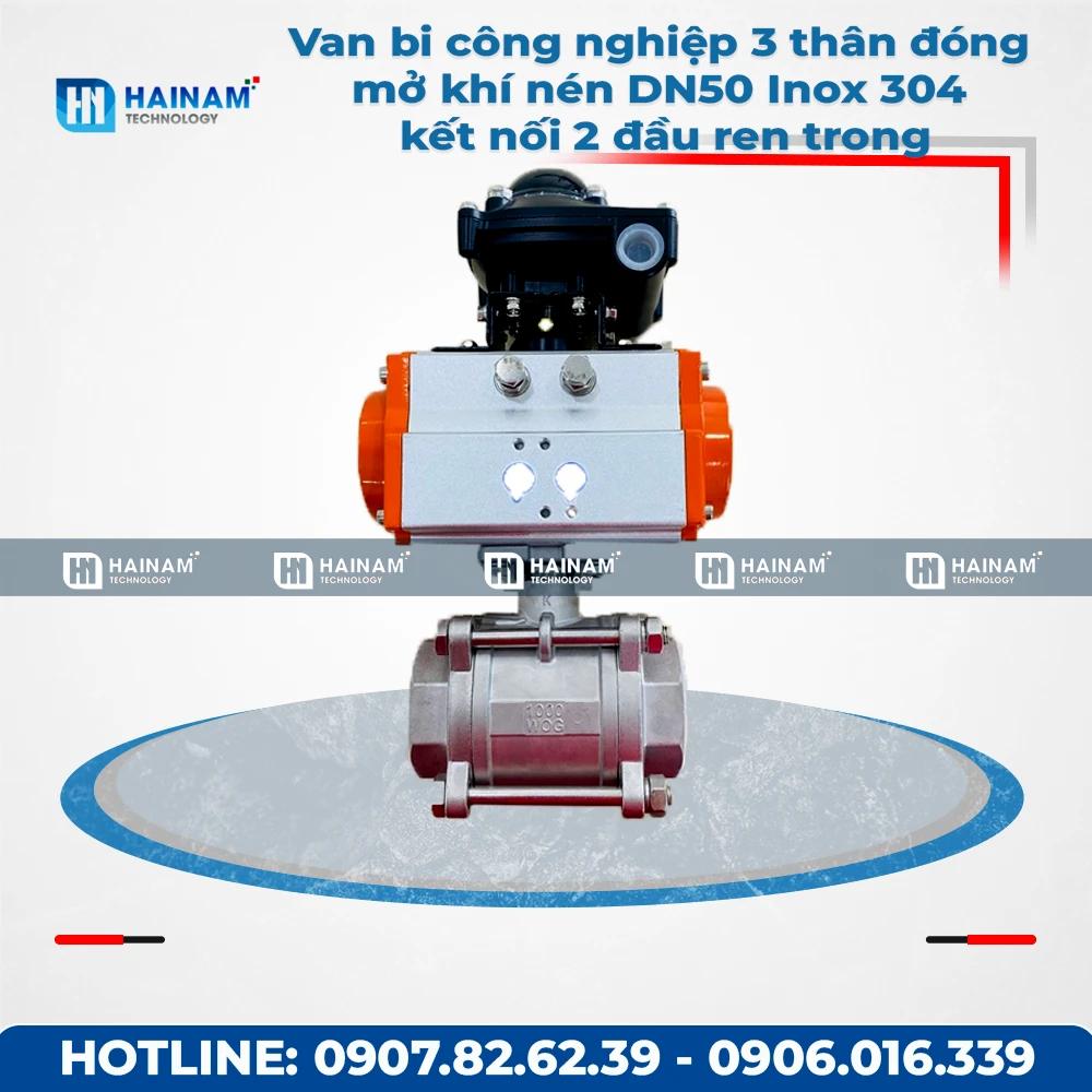 Van bi công nghiệp 3 thân đóng mở khí nén DN50 Inox 304 kết nối 2 đầu ren trong
