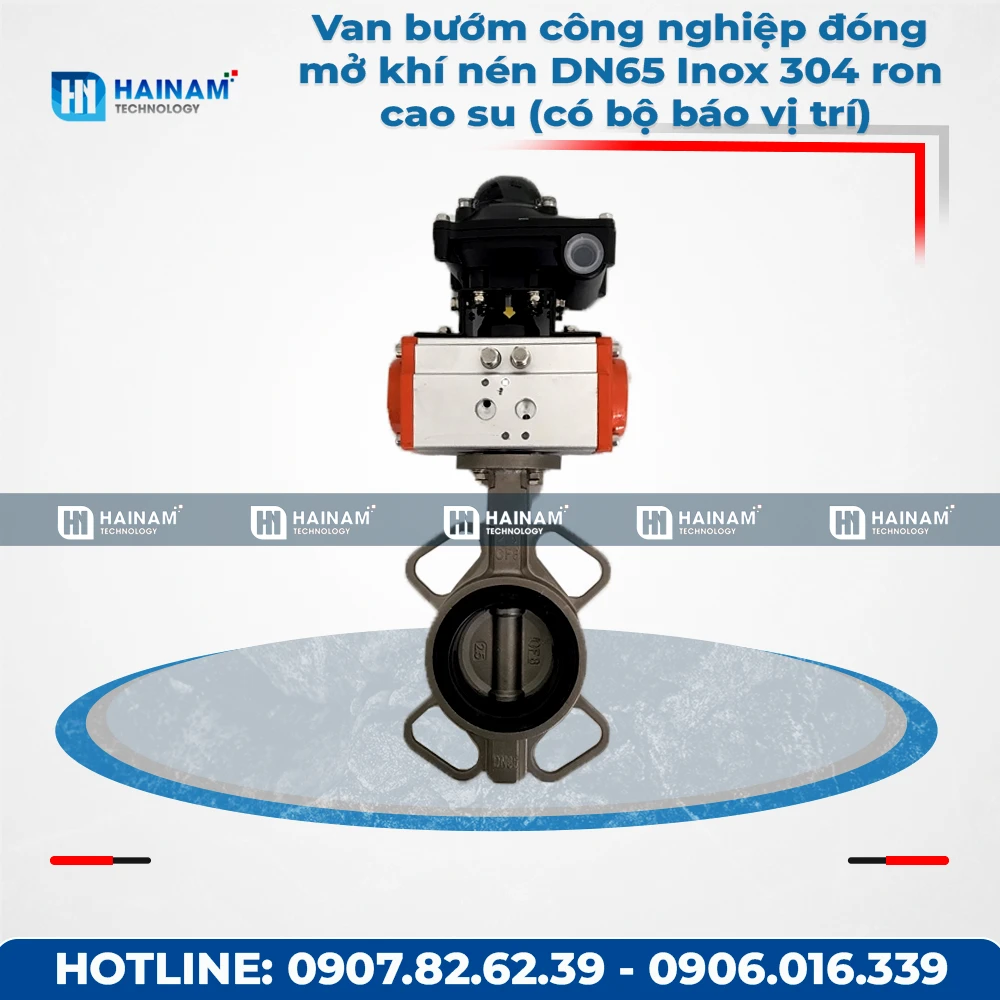 Van bướm công nghiệp đóng mở khí nén DN65 Inox 304 ron cao su (có bộ báo vị trí)