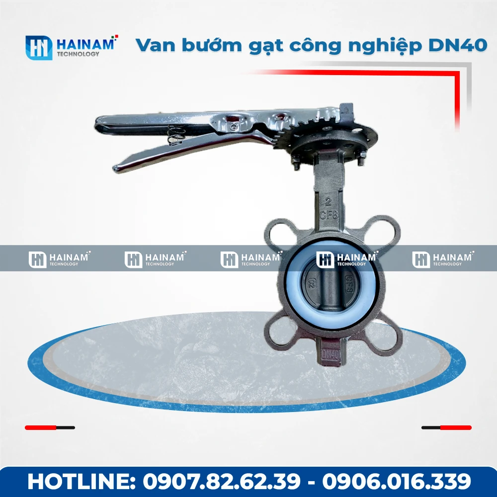 Van bướm tay gạt công nghiệp ron PTFE DN40 Inox 304