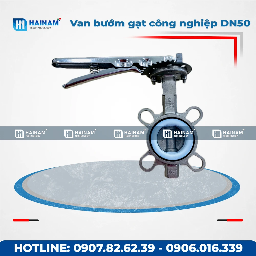 Van bướm tay gạt công nghiệp ron PTFE DN50 Inox 304