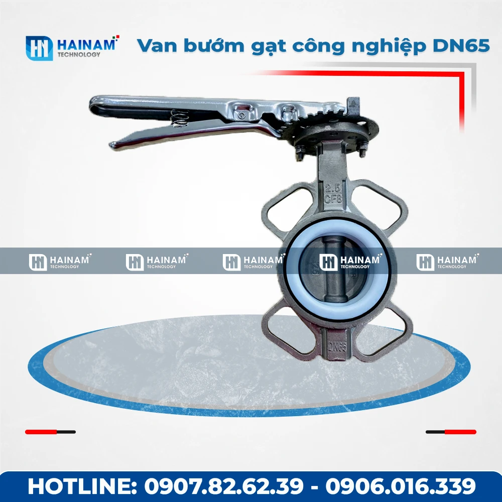 Van bướm tay gạt công nghiệp ron PTFE DN65 Inox 304