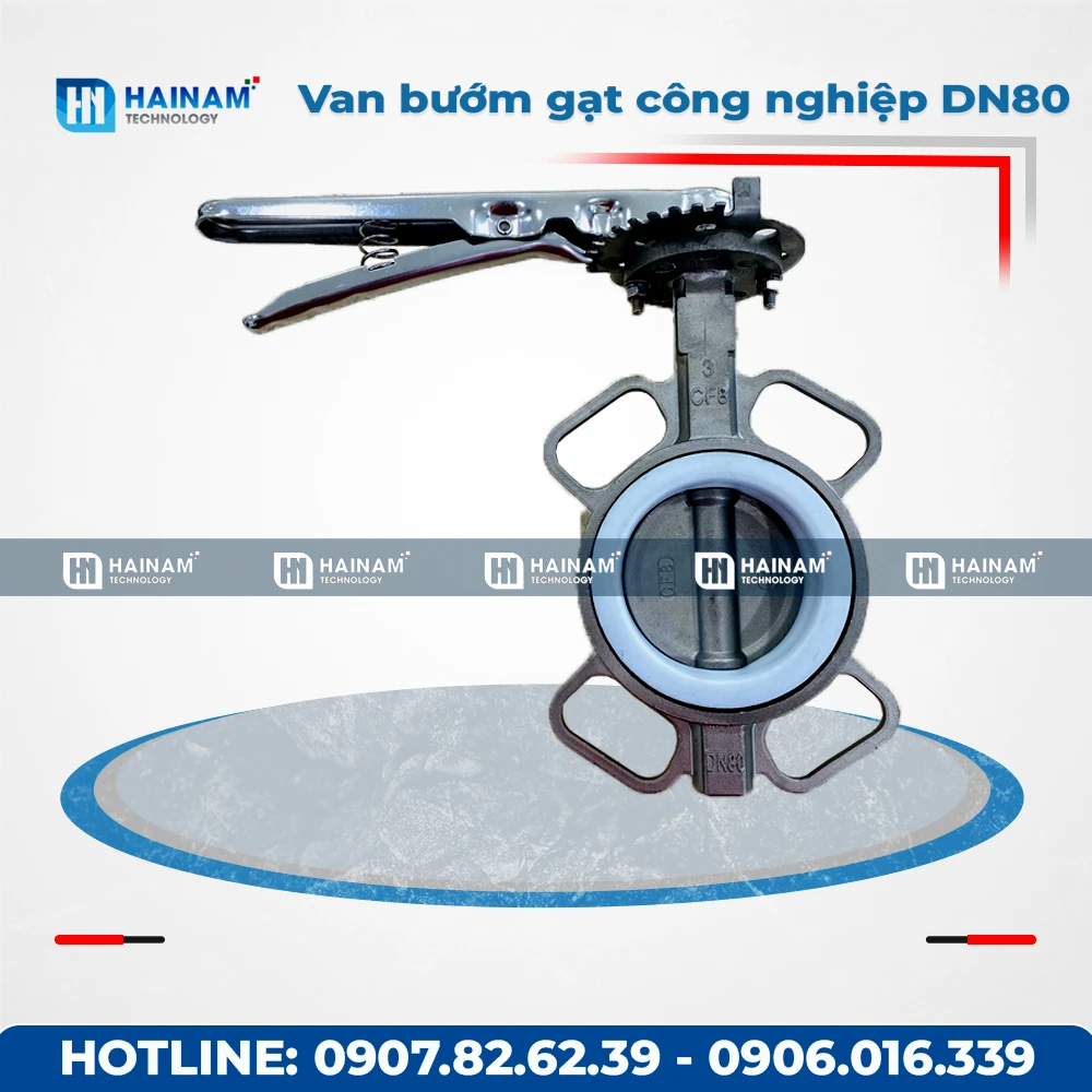 Van bướm tay gạt công nghiệp ron PTFE DN80 Inox 304