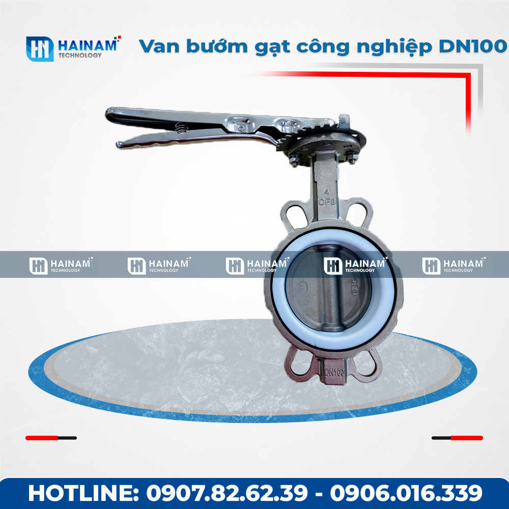 Van bướm tay gạt công nghiệp ron PTFE DN100 Inox 304
