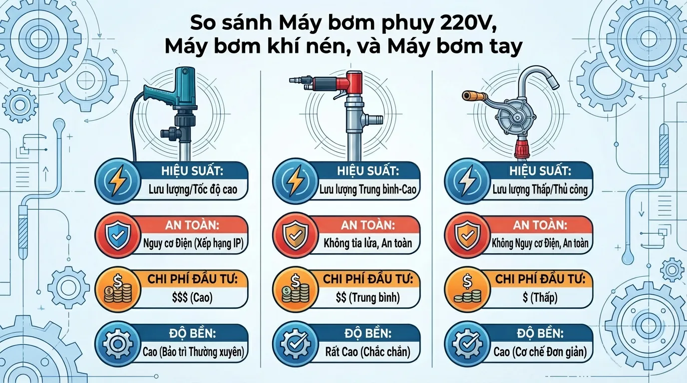 so sánh bơm thùng phuy 220v, khí nén, tay quay