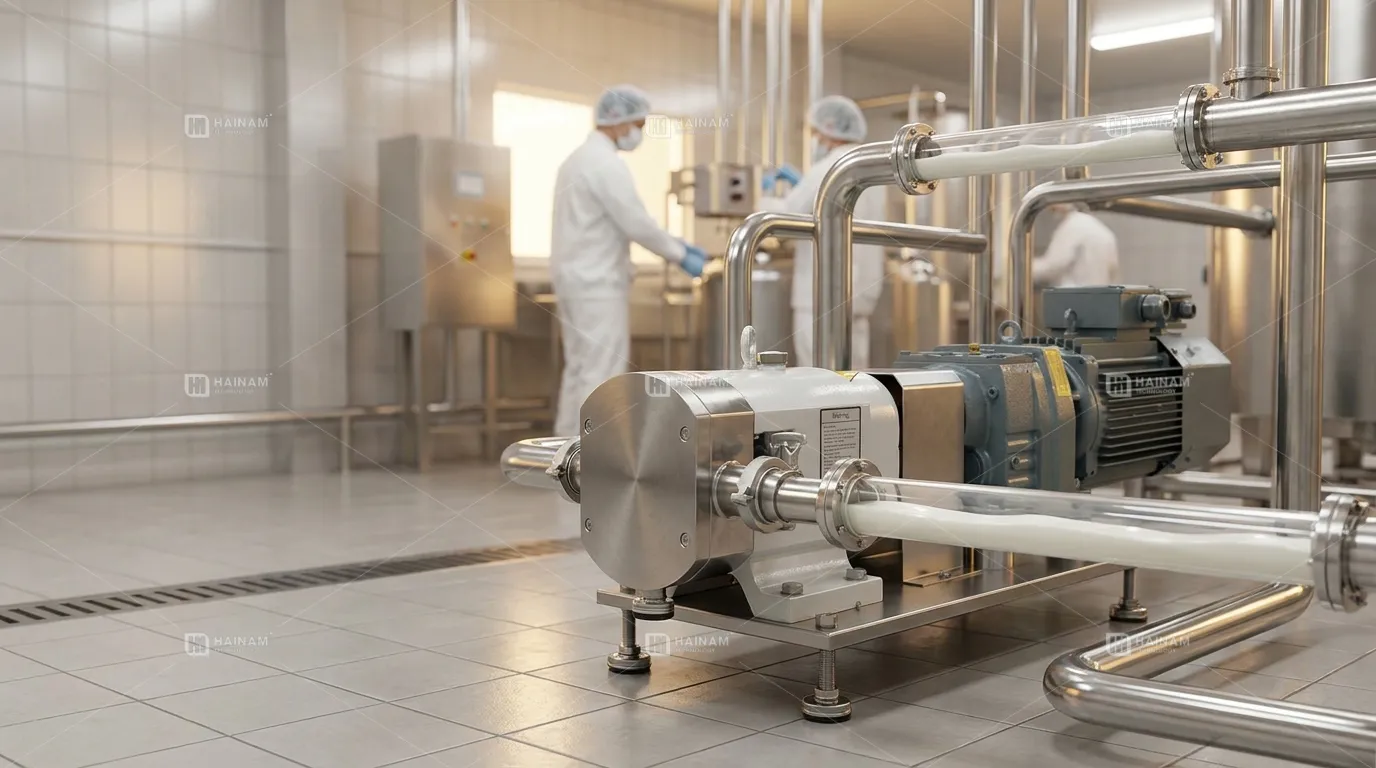 Máy bơm thực phẩm inox trong nhà máy chế biến thực phẩm hiện đại