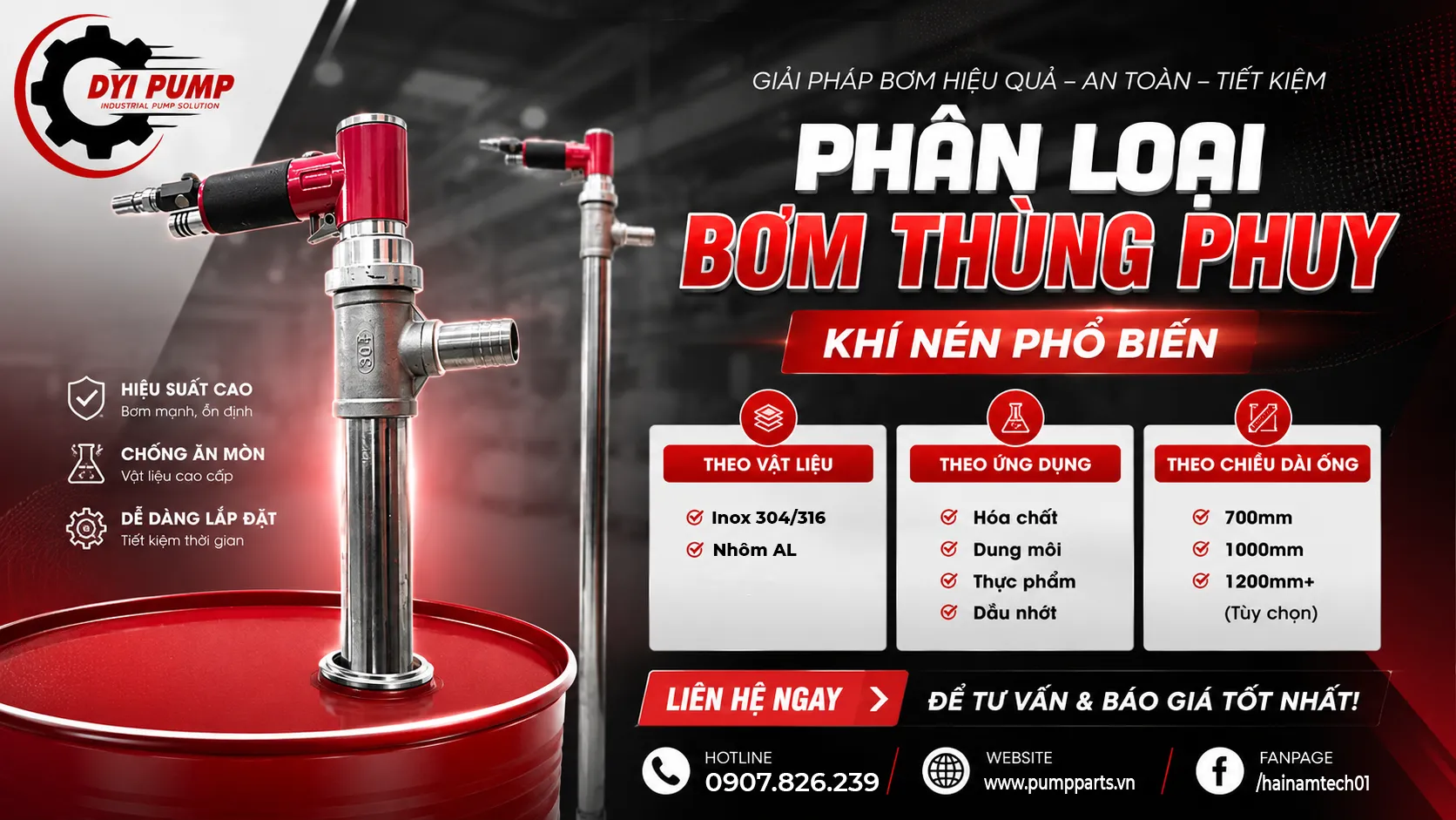 phân loại bơm thùng phuy khí nén