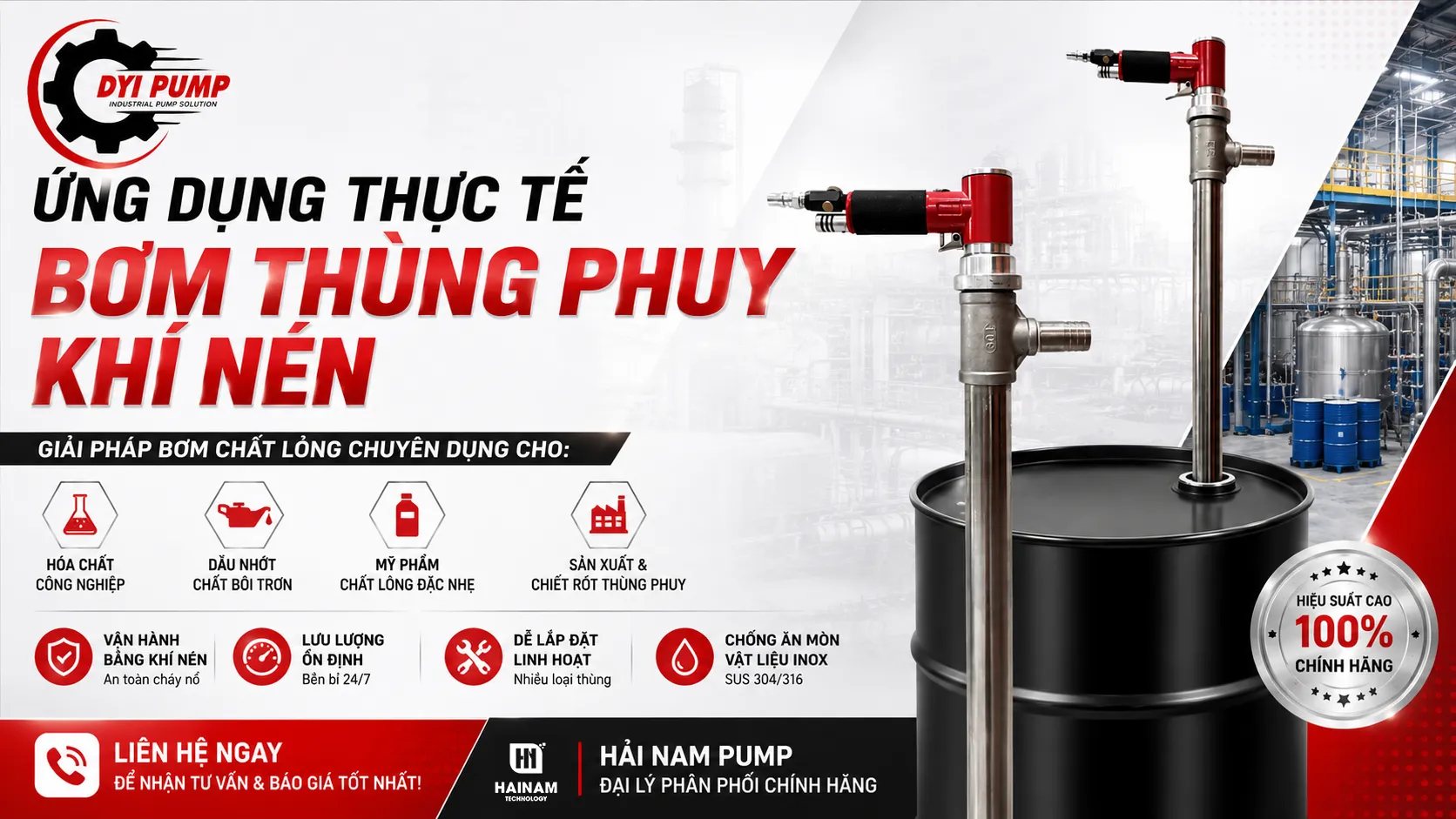 ứng dụng thực tế bơm thùng phuy khí nén