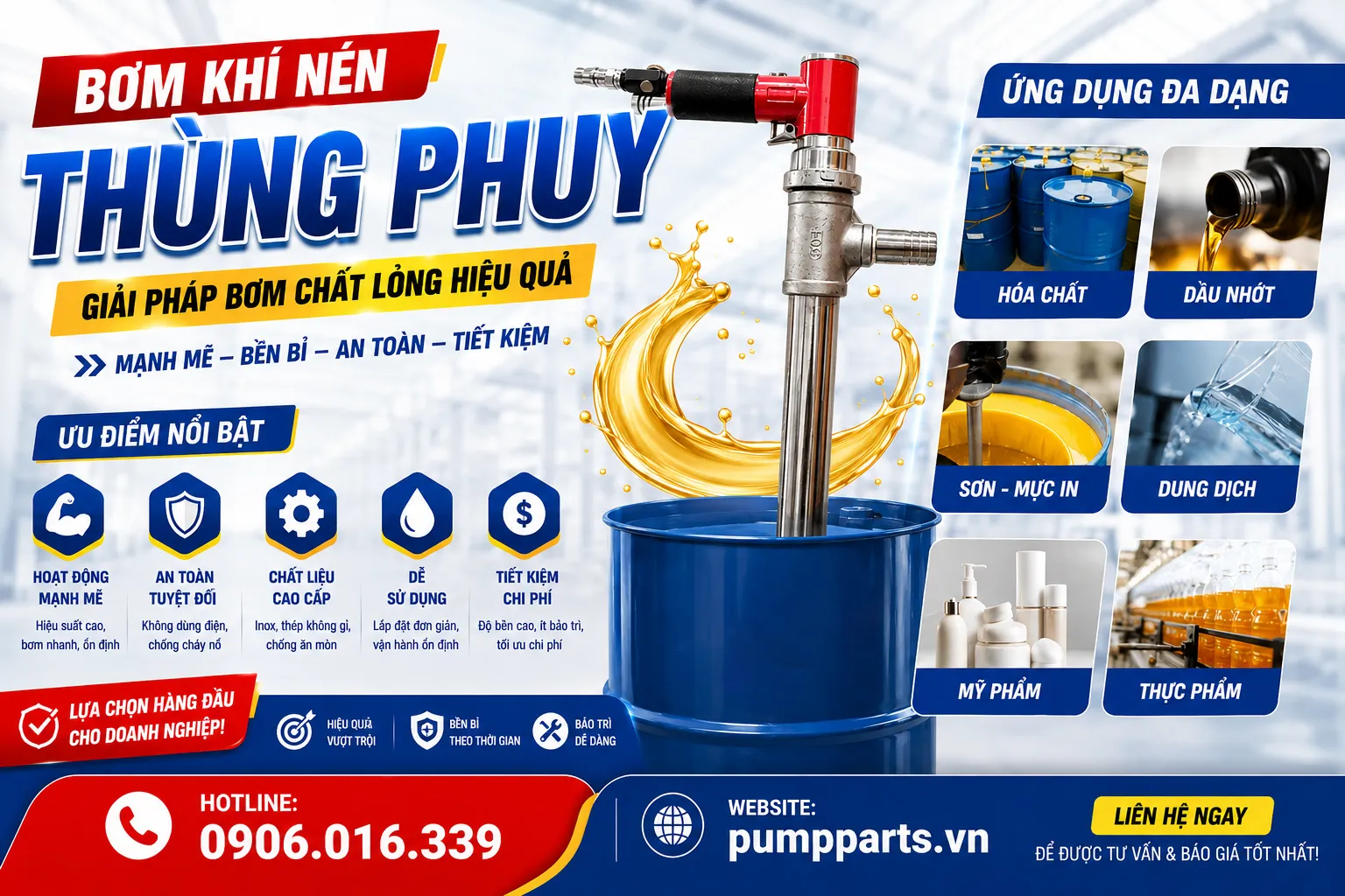ưu điểm ứng dụng bơm thùng phuy khí nén