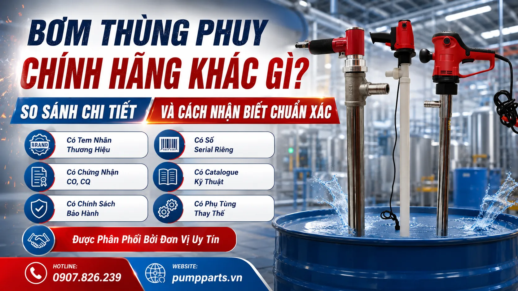 cách nhận biết bơm thùng phuy chính hãng