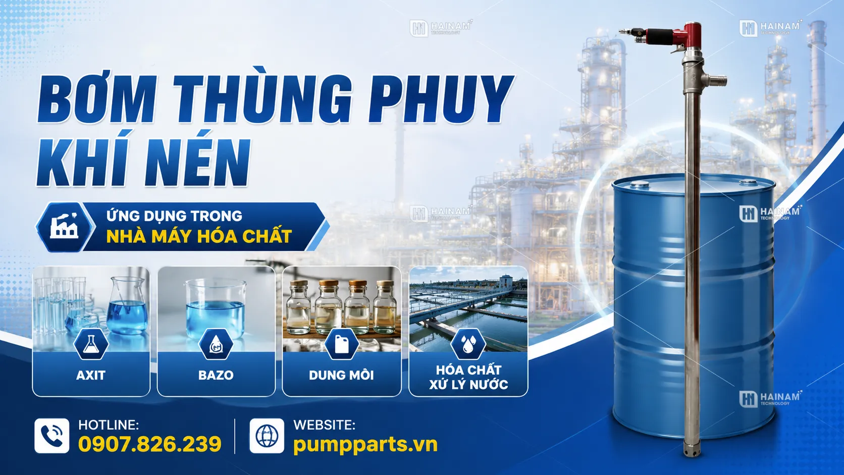 bơm thùng phuy khí nén cho hóa chất
