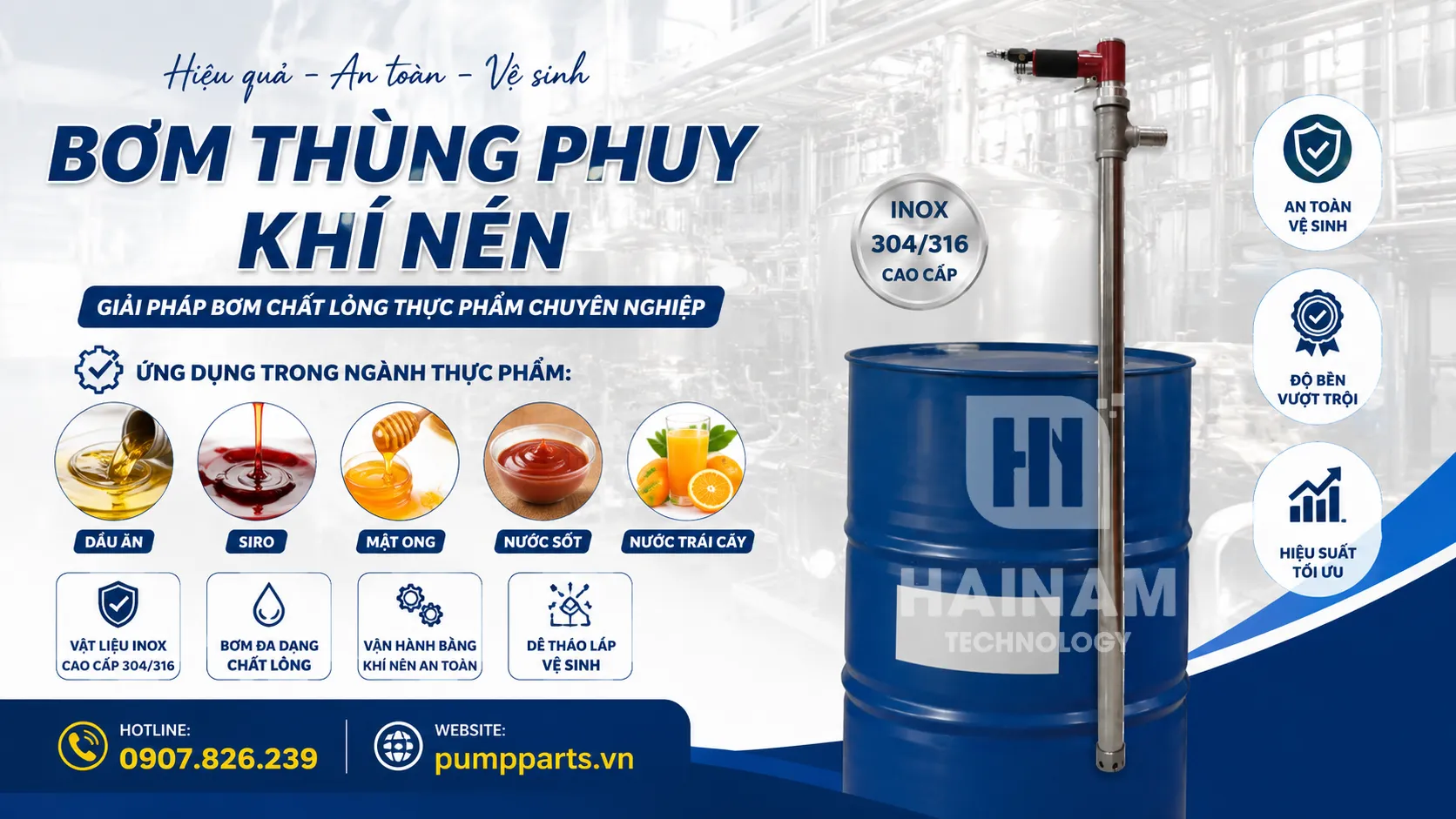 bơm thùng phuy khí nén cho thực phẩm