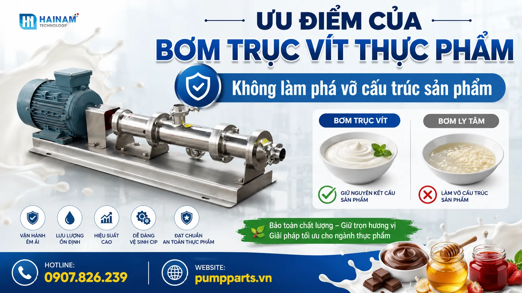 bơm trục vít không phá vỡ cấu trúc sản phẩm