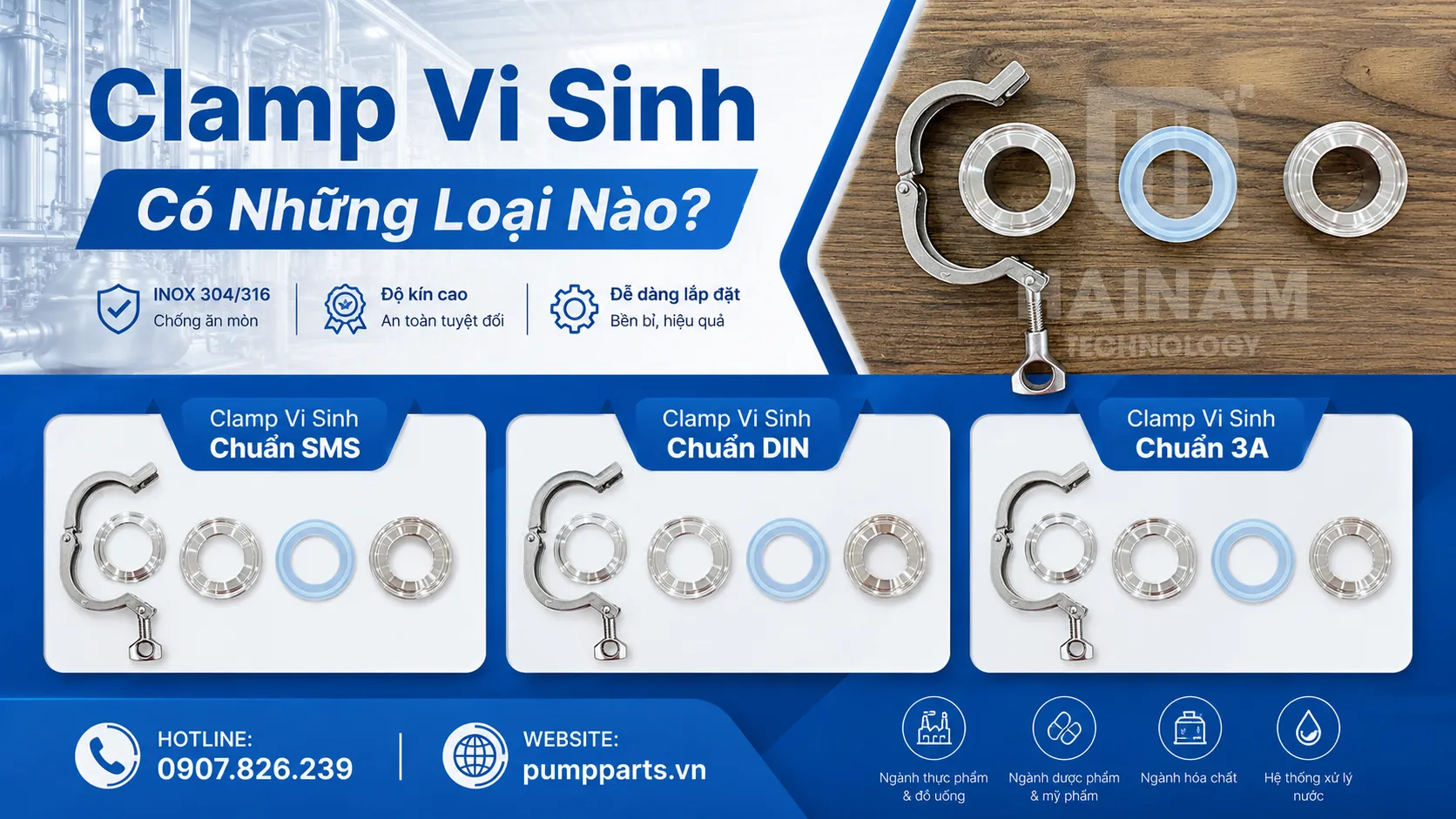 clamp inox vi sinh chuẩn sms din 3a