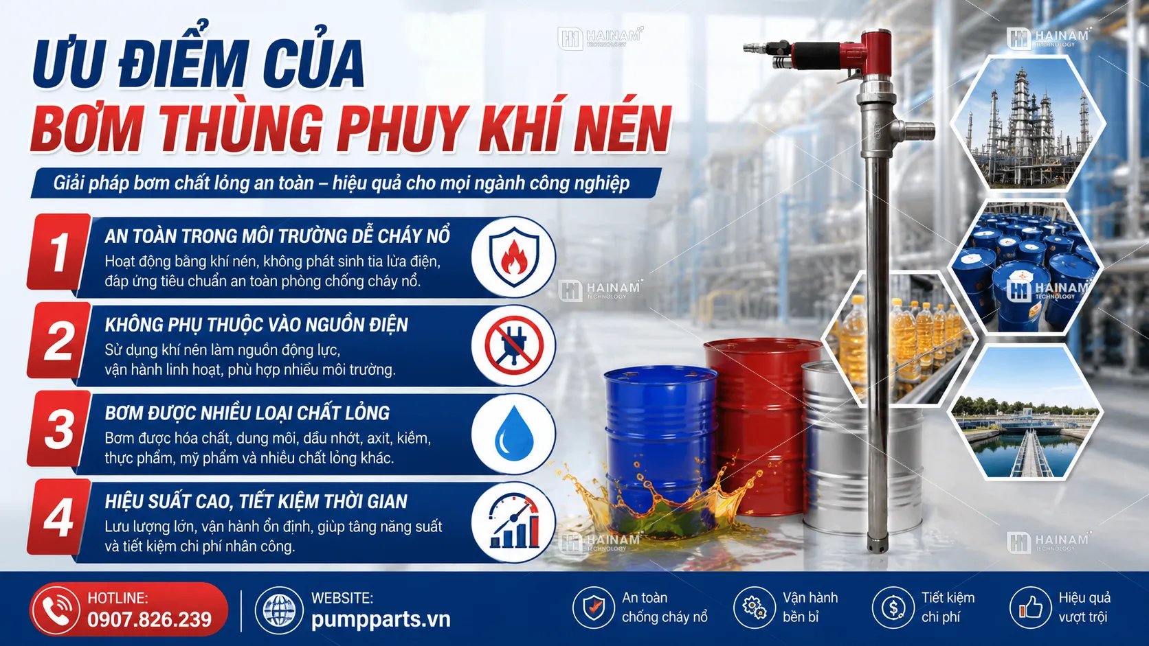 ưu điểm của bơm thùng phuy khí nén
