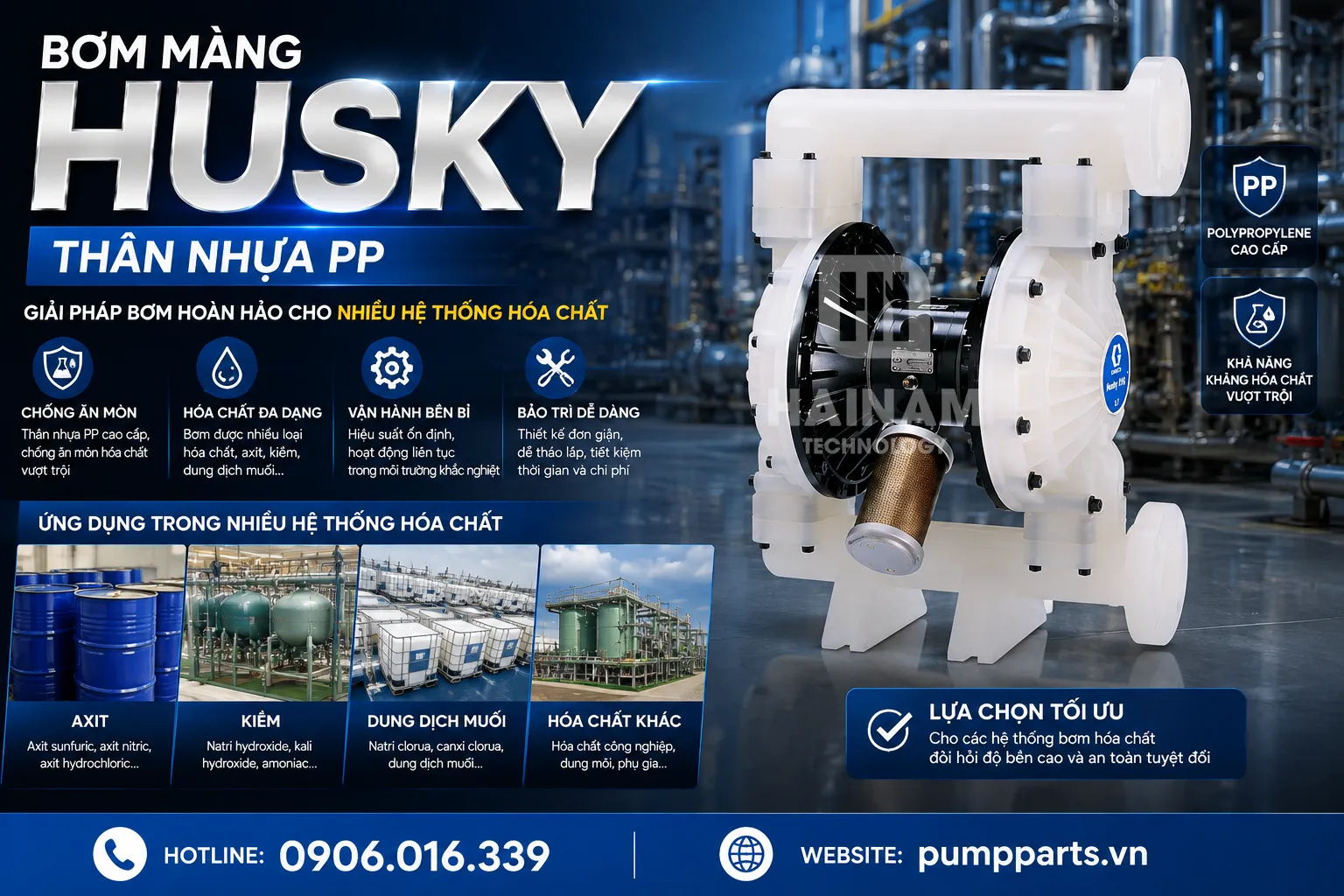 bơm màng husky thân nhựa pp chính hãng Graco