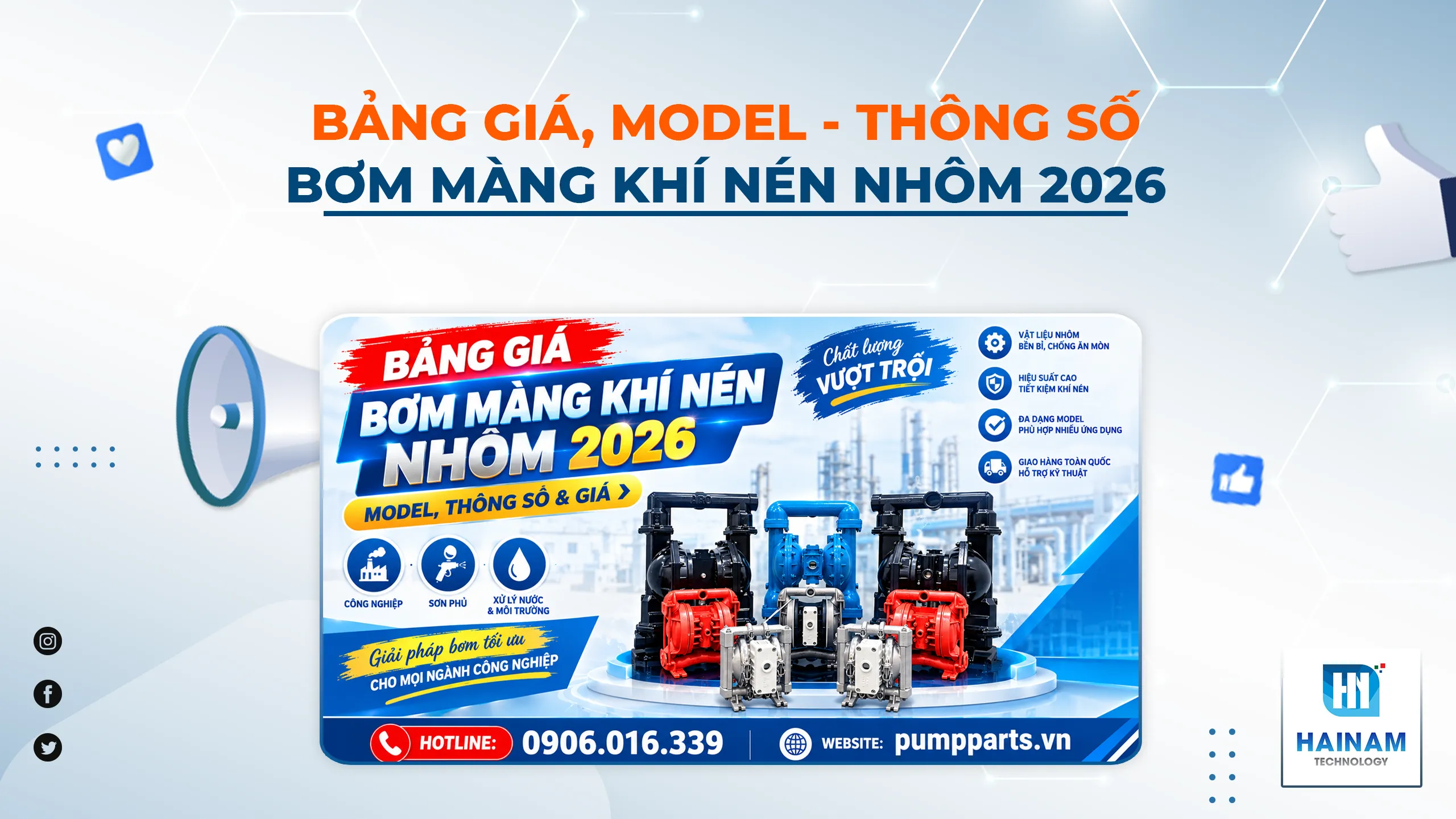 Bảng Giá Bơm Màng Khí Nén Nhôm 2026 – Model, Thông Số & Giá
